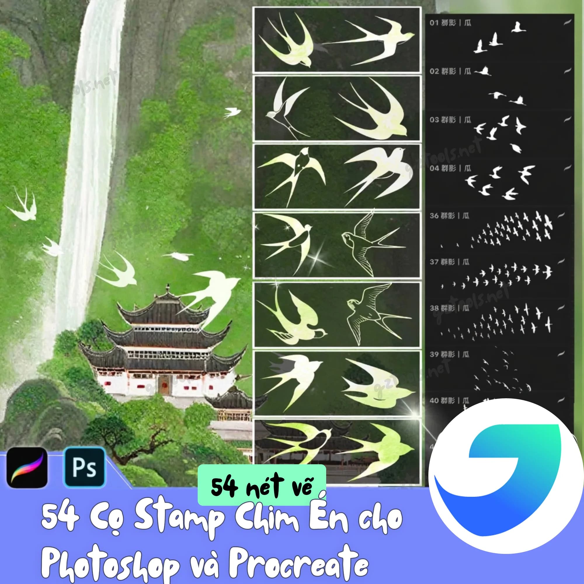 Bộ 54 Cọ Stamp Chim Én Photoshop và Procreate - Vẽ Tranh Cổ Phong, Thiên Nhiên