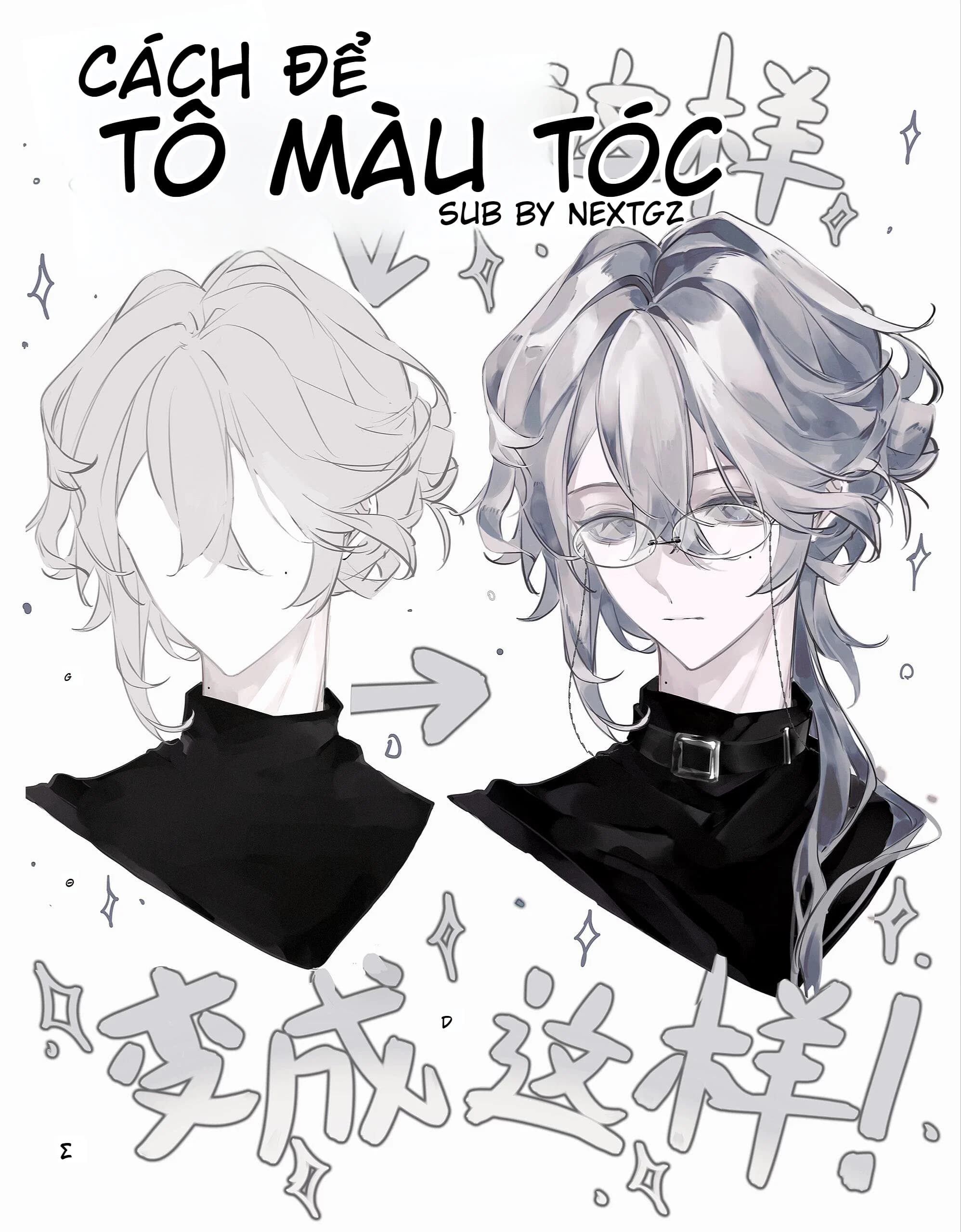Cách tô màu tóc bạc anime: quy trình đổ bóng, hòa màu và hoàn thiện tóc xám đẹp hơn