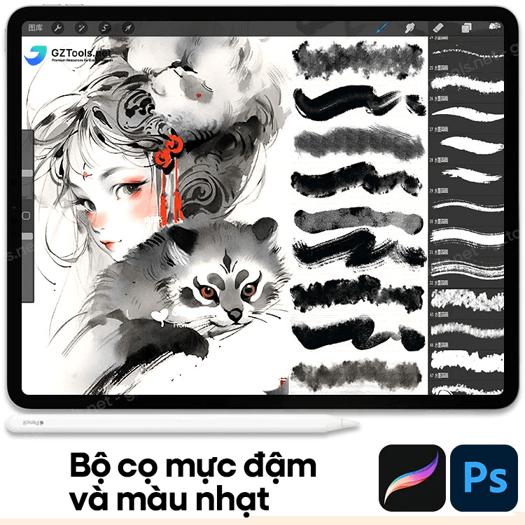 Bộ cọ Photoshop mực đậm và màu nước cho vẽ minh họa Trung Quốc