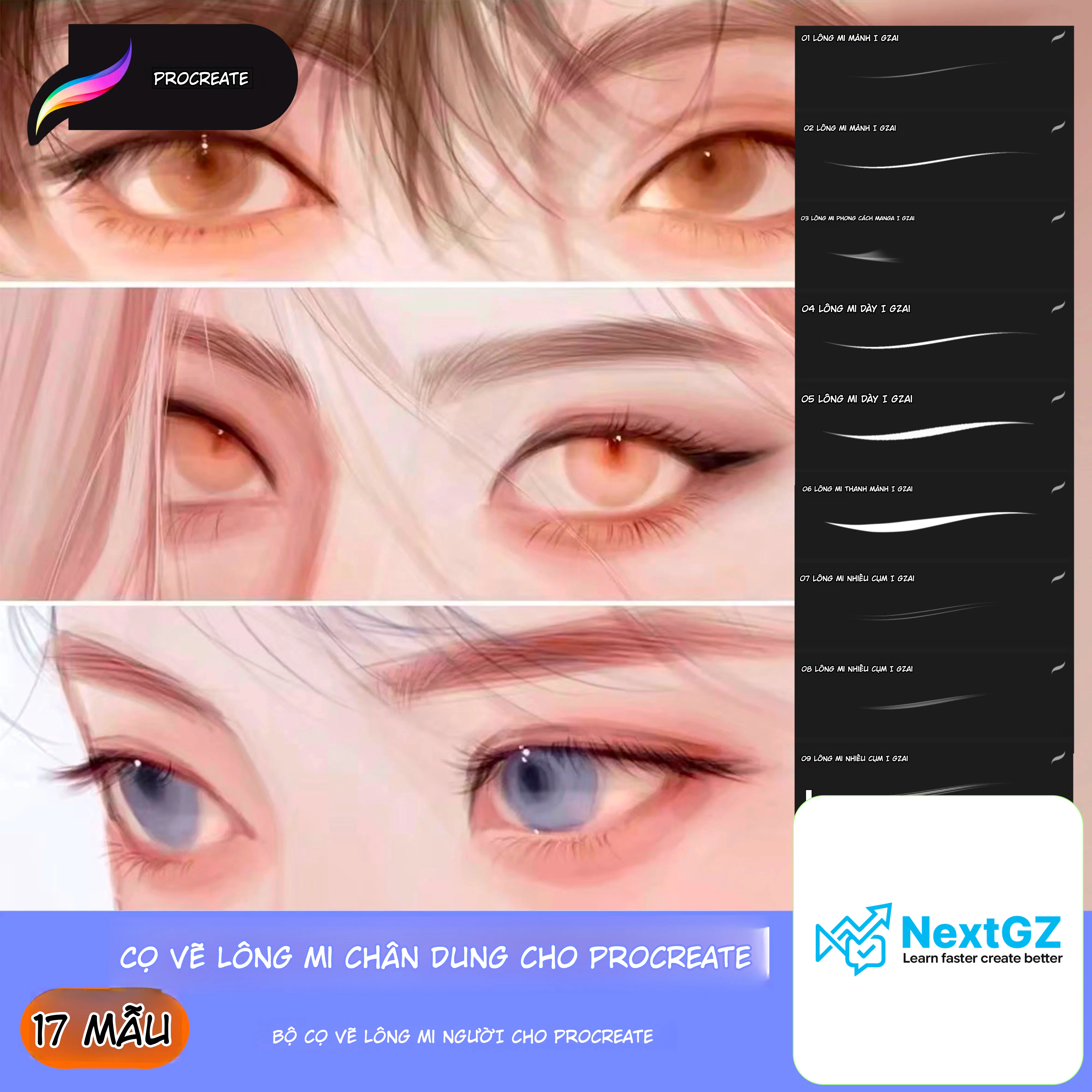 Bộ Cọ Lông Mi Procreate 17 Mẫu Cho Vẽ Chân Dung, Minh Họa Và Manga