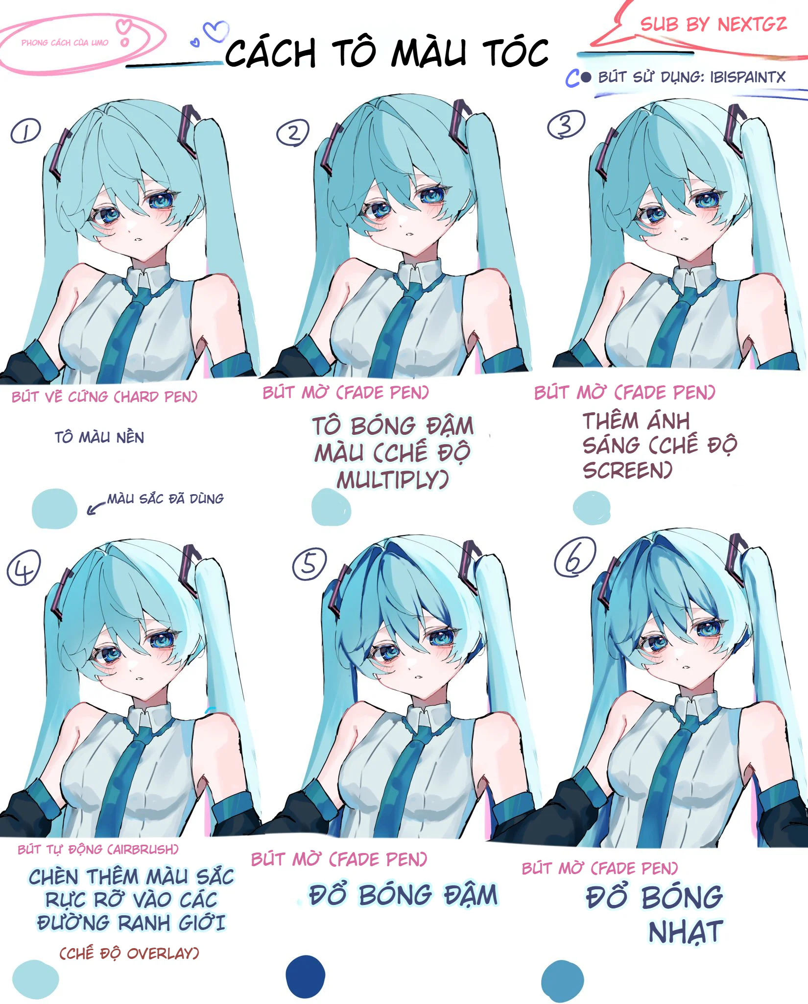 Cách tô màu tóc anime trong ibisPaint X theo quy trình 12 bước, lên khối đẹp mà không bị bệt