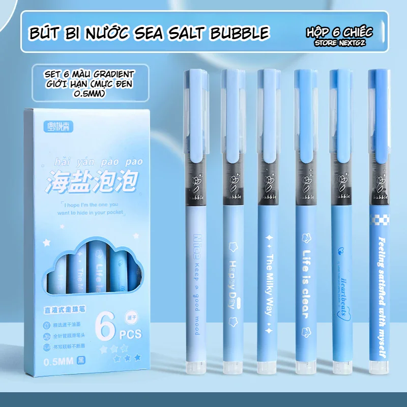 Bộ 6 Bút Bi Nước Sea Salt Bubble 0.5mm Mực Đen Nhanh Khô, Viết Êm, Không Dễ Dây Bẩn Tay