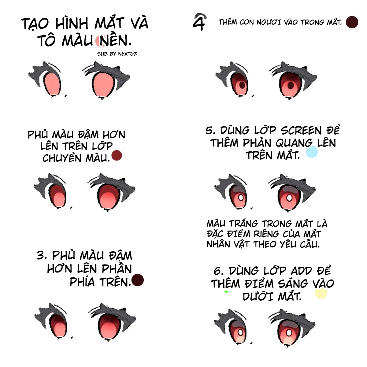 Cách tô mắt anime đỏ hồng trong digital art: tạo phản quang, highlight và viền mắt mềm