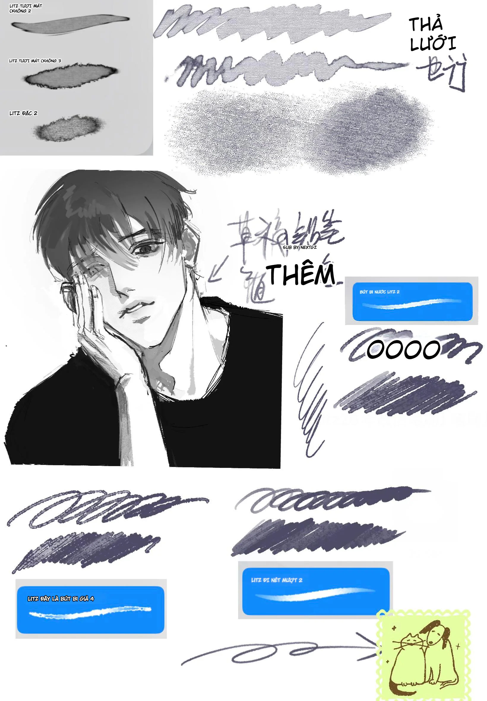 Bộ cọ Litz Procreate cho sketch, lineart, shading và texture tóc phong cách manga đen trắng