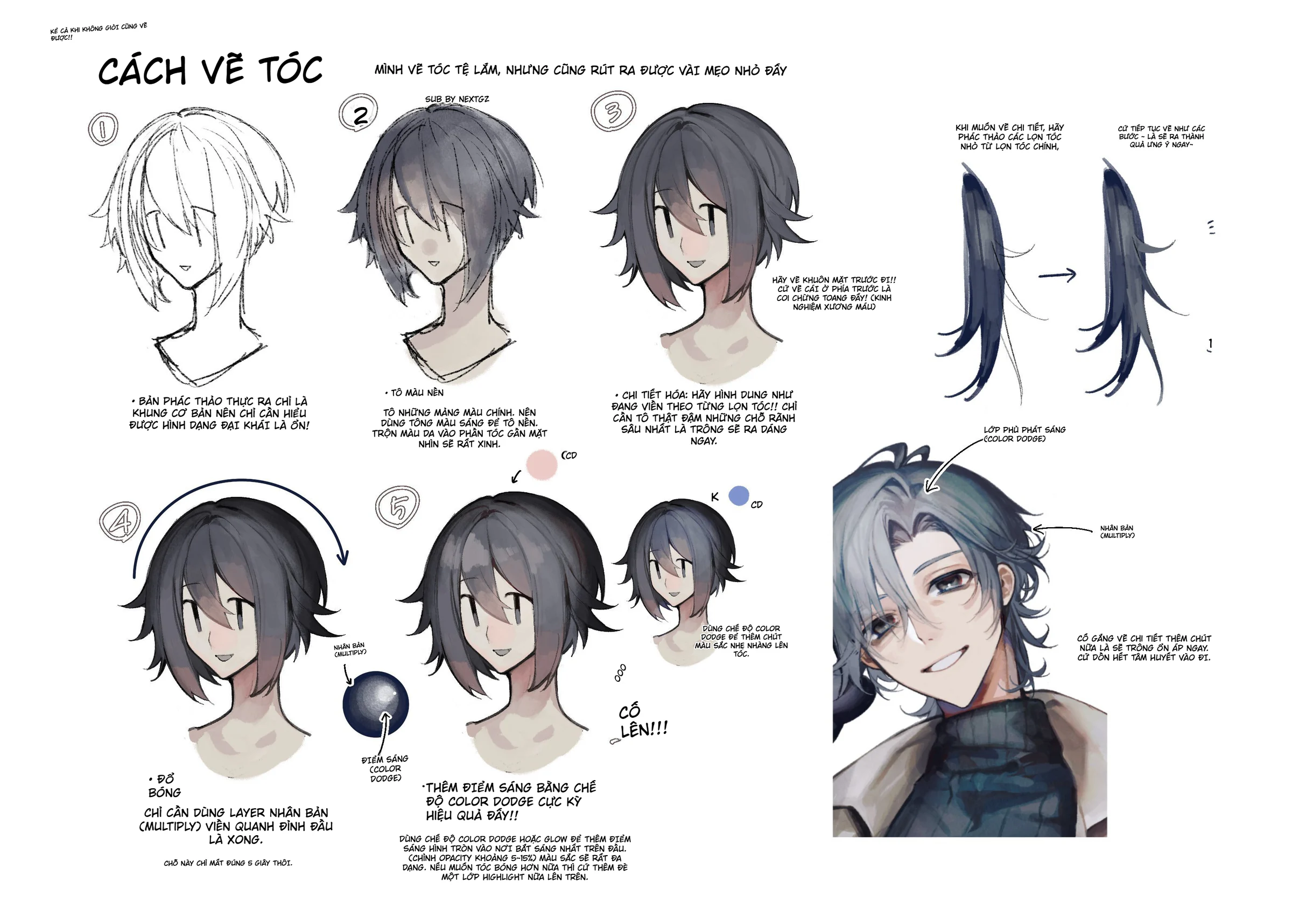 Cách vẽ và tô tóc anime trong Procreate bằng Multiply và Color Dodge