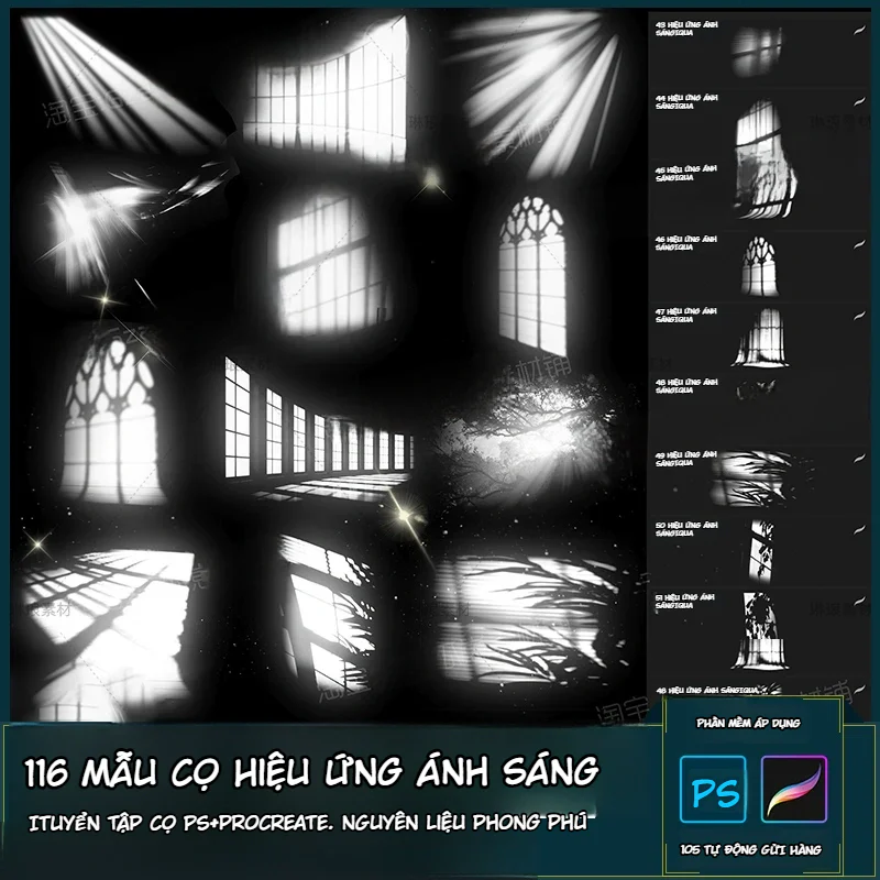 Bộ 116 Cọ Ánh Sáng và Bóng Đổ Cho Photoshop, Procreate – Hiệu Ứng Cửa Sổ, Tia Nắng, Đốm Sáng