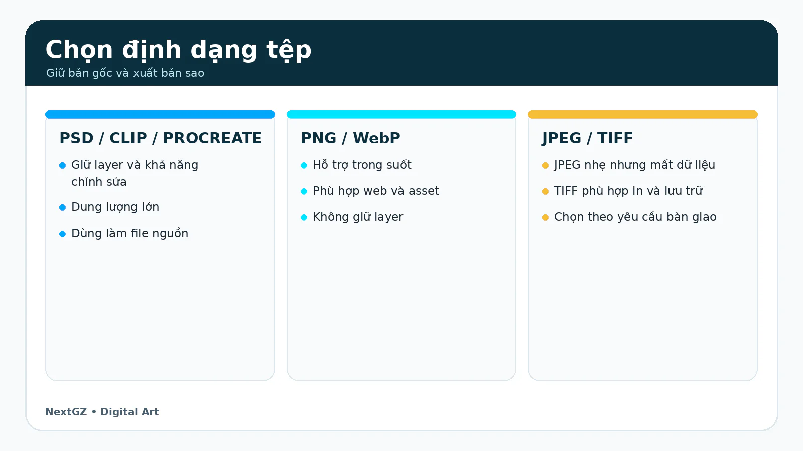 So sánh định dạng file nguồn PSD CLIP PROCREATE với PNG WebP JPEG và TIFF.