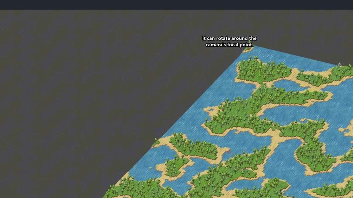 Bản đồ isometric 2D đang quay quanh tiêu điểm của camera