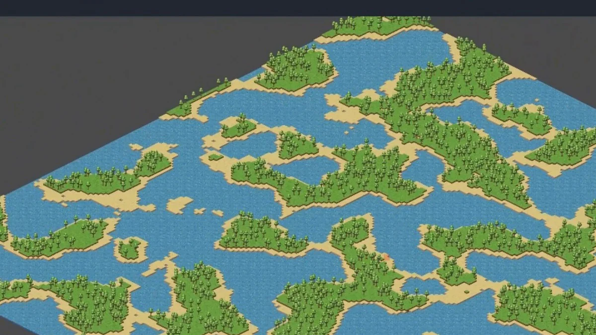 Toàn cảnh bản đồ pixel art isometric rất lớn với nhiều đảo, cây và mặt nước