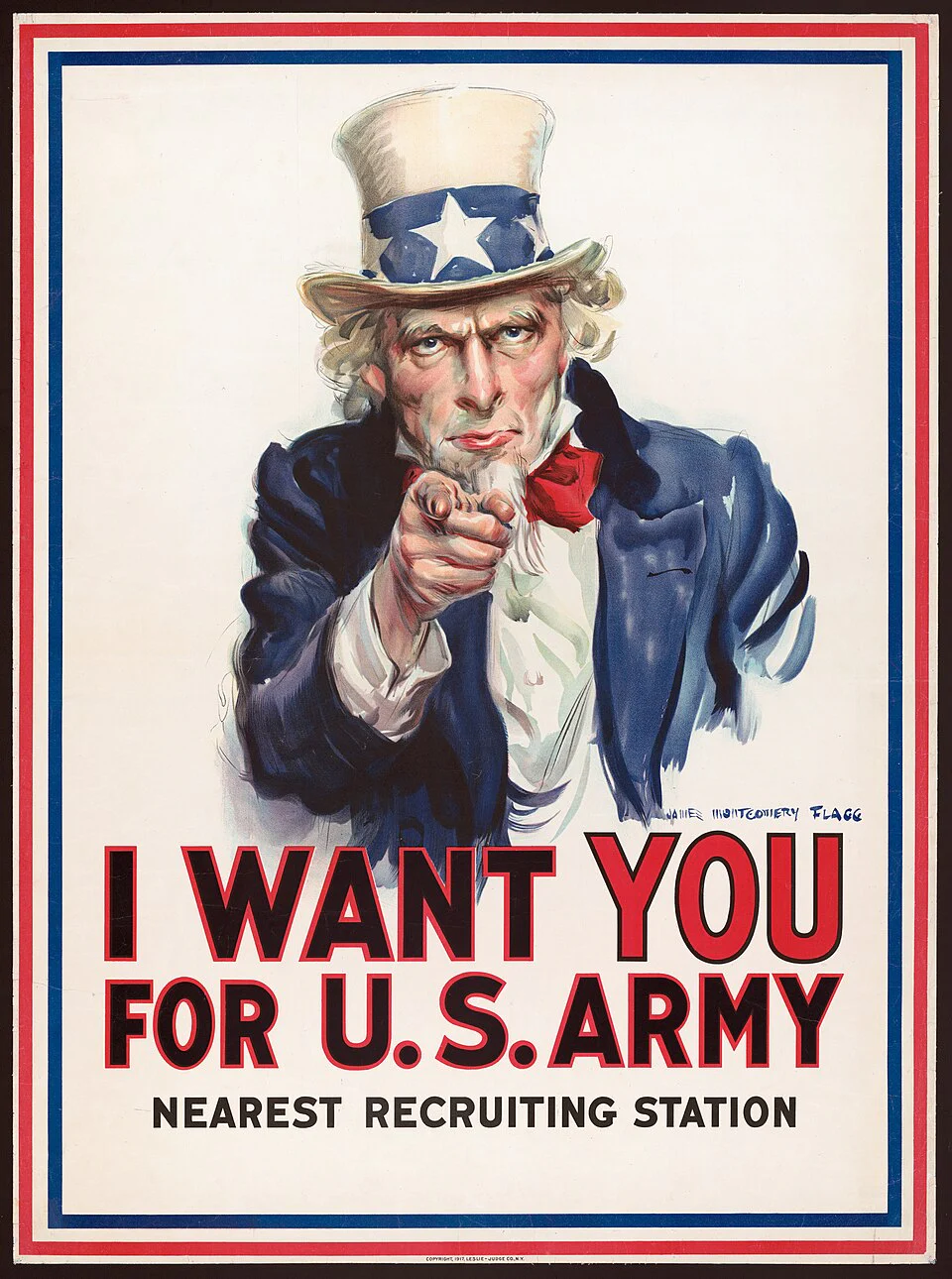 Áp phích Uncle Sam chỉ tay về phía người xem, thể hiện bàn tay và ngón trỏ hướng camera bằng foreshortening.