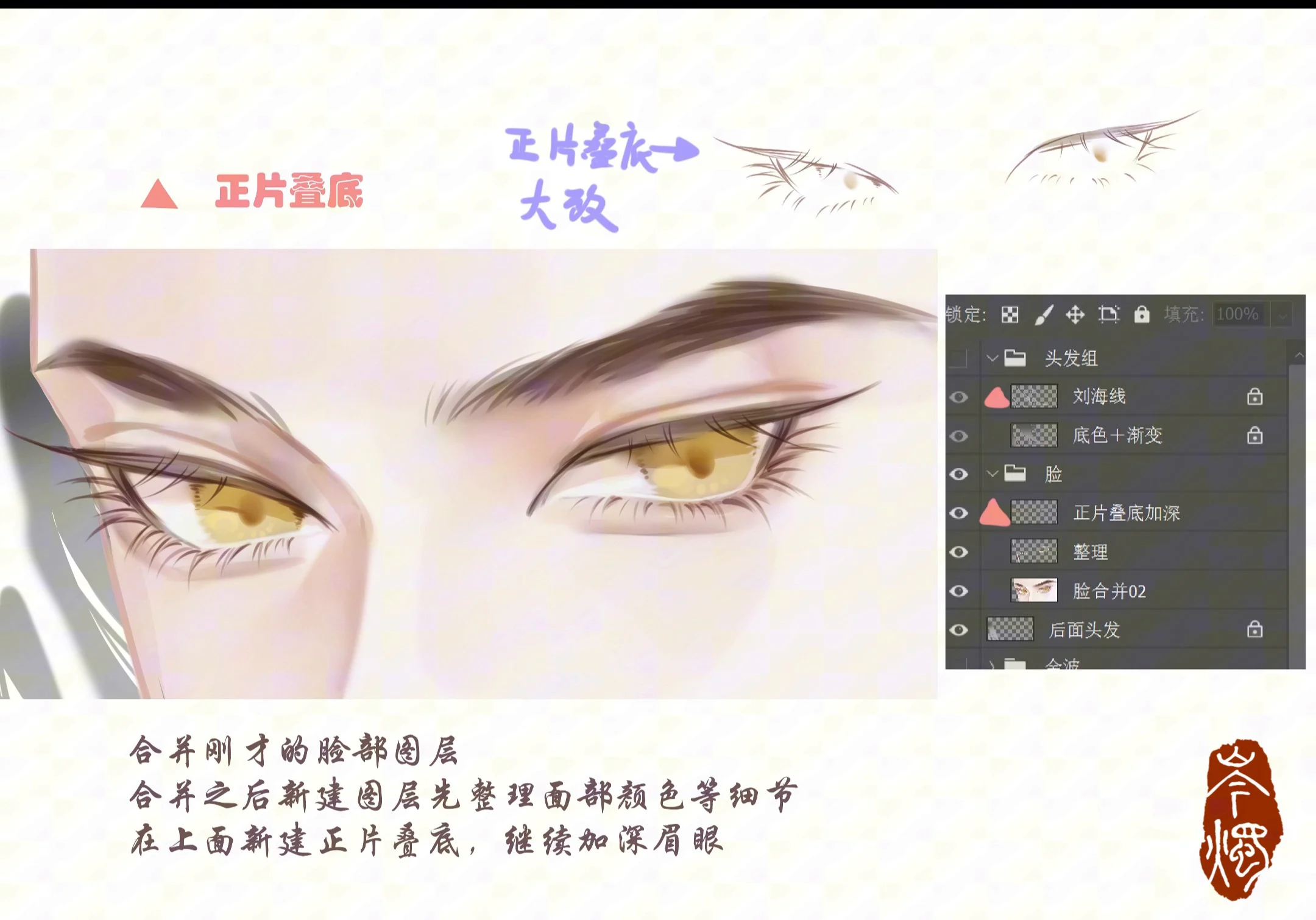 Anime eyes after merging layers and refining the lash area
