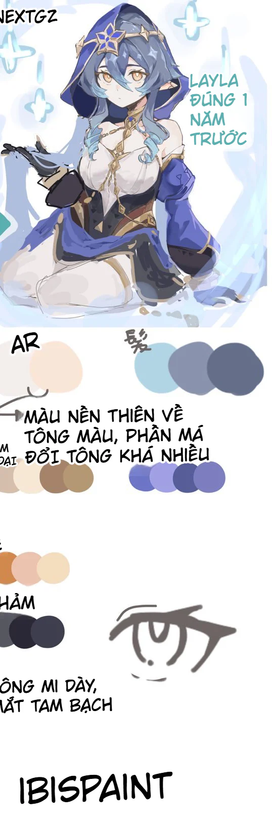 Cách phân tích và redraw nhân vật anime: Bài học phối màu qua 4 phiên bản Layla 2 Phiên bản nhân vật Layla được vẽ cách đây một năm với bảng màu dịu, lông mi dày và mắt tam bạch.