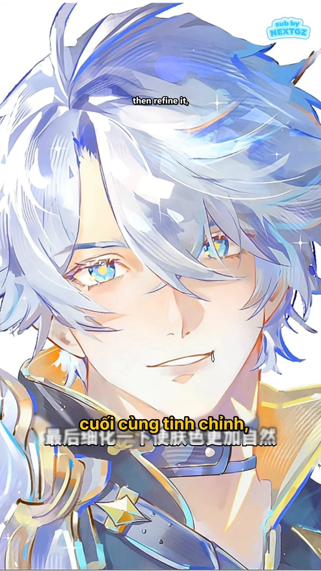 Khung hình tinh chỉnh ranh giới màu và sắc độ trên khuôn mặt nhân vật anime.