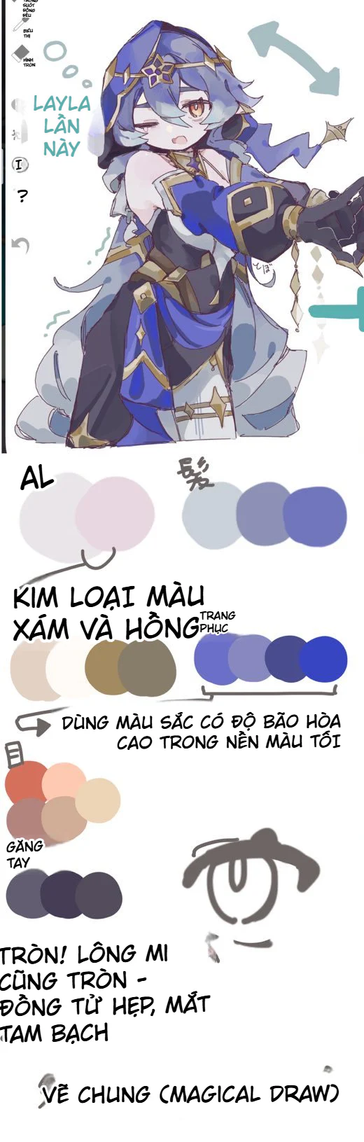 Cách phân tích và redraw nhân vật anime: Bài học phối màu qua 4 phiên bản Layla 5 Phiên bản Layla hiện tại với màu bão hòa đặt trên nền tối, kim loại xám hồng và thiết kế mắt tròn có đồng tử hẹp.