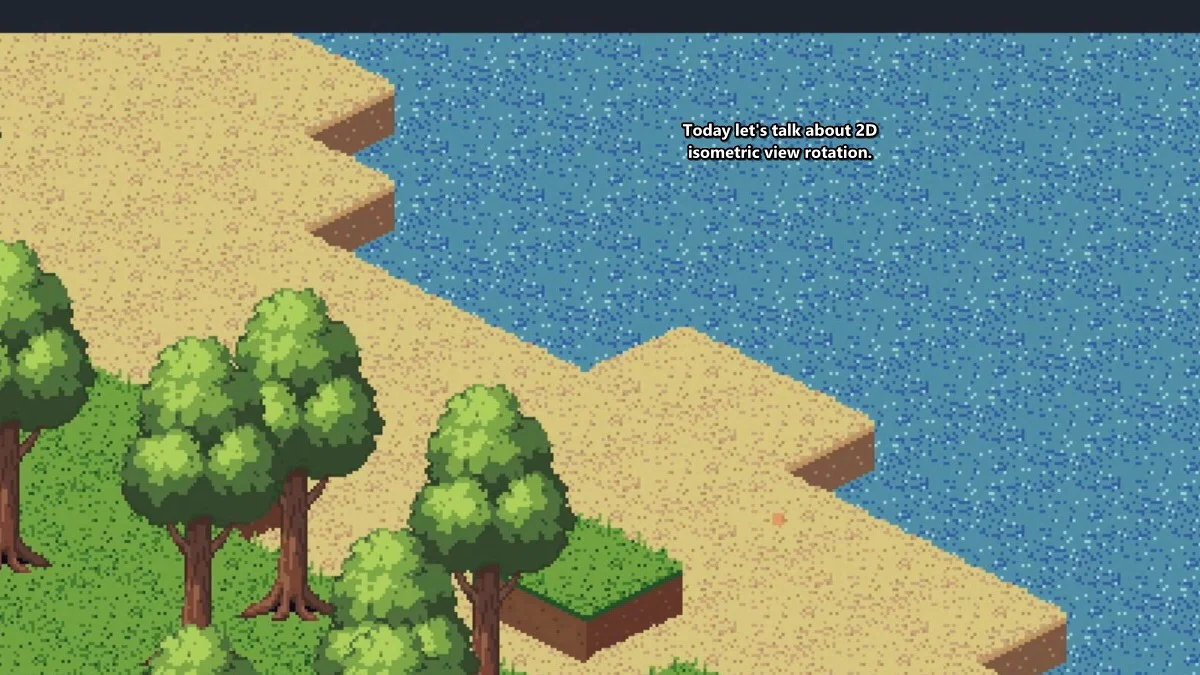 Góc nhìn gần của bản đồ pixel art isometric 2D với mặt đất, bờ cát, nước và cây