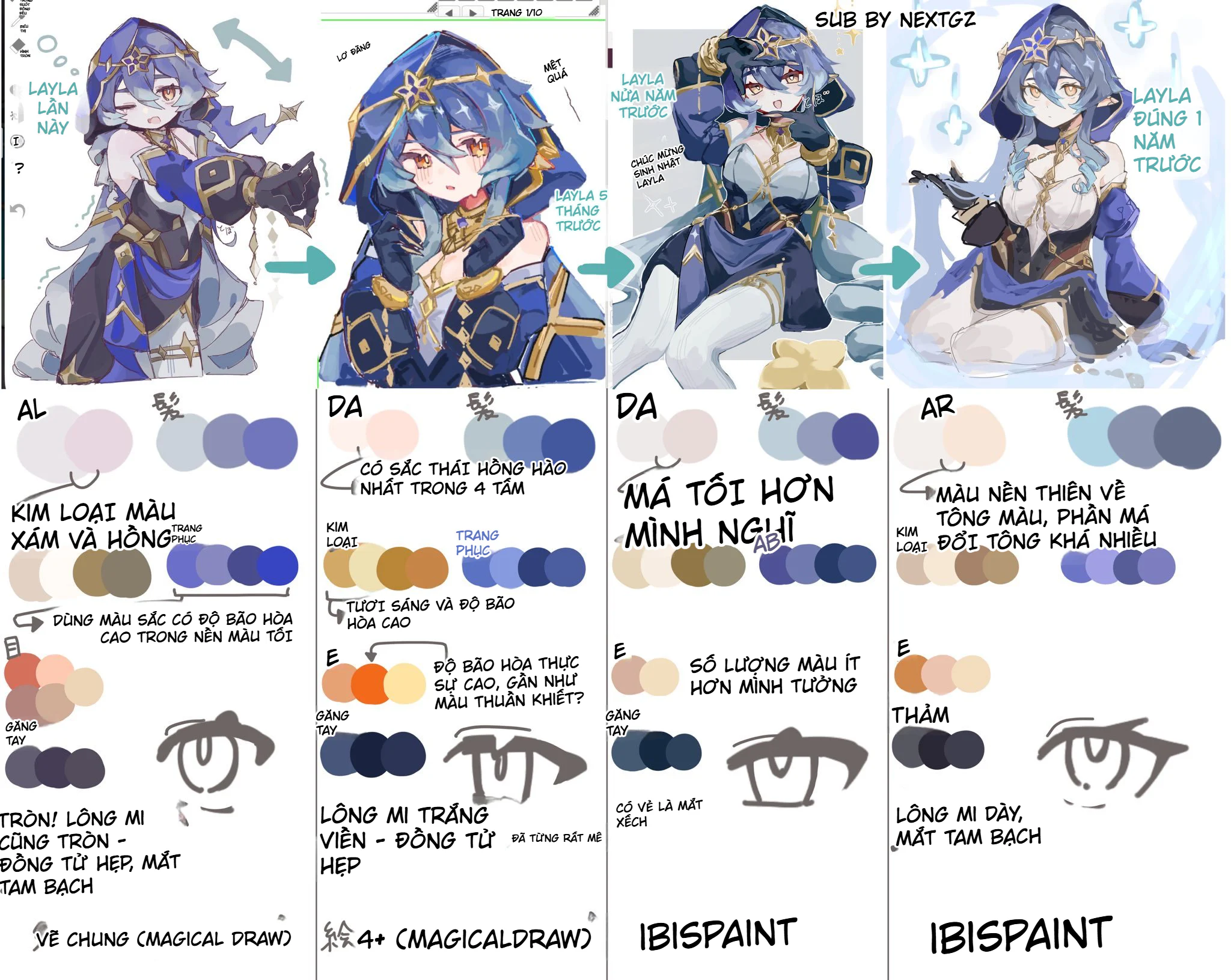 Cách phân tích và redraw nhân vật anime: Bài học phối màu qua 4 phiên bản Layla 1 Bảng so sánh bốn phiên bản vẽ lại nhân vật Layla theo các mốc hiện tại, năm tháng trước, nửa năm trước và một năm trước.