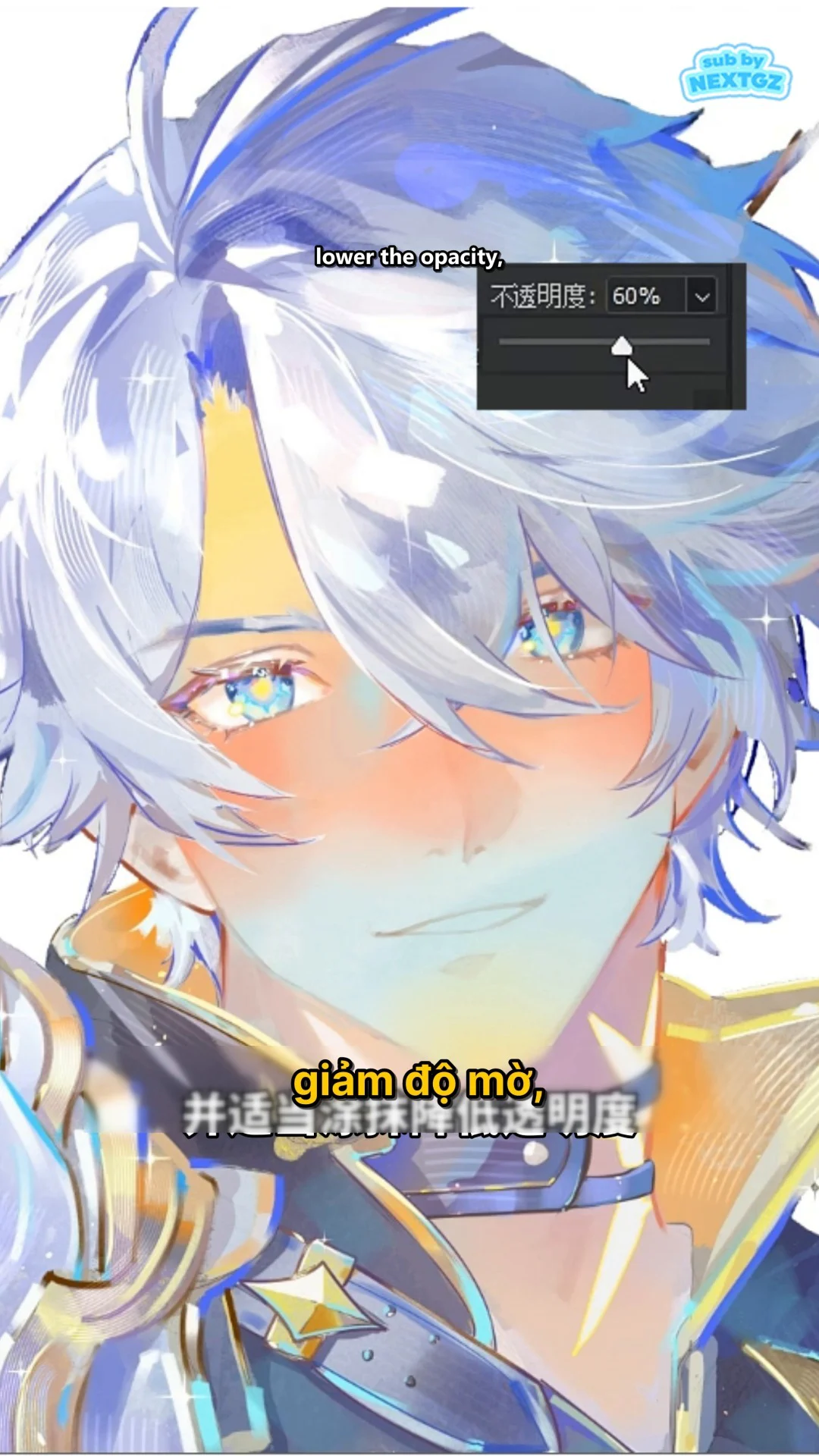 Khung hình giảm độ mờ của lớp màu để xanh đỏ vàng hòa vào nền da anime.