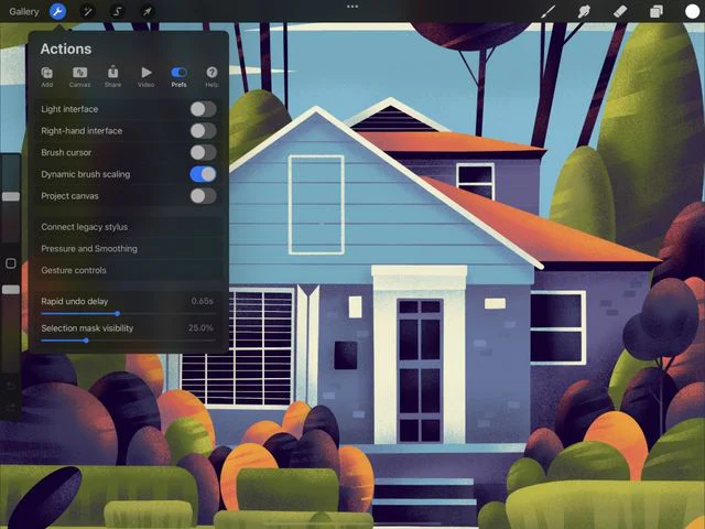 Giao diện Procreate Actions > Prefs > Gesture Controls dùng để kiểm tra thiết lập QuickShape