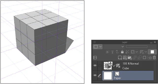 Khối 3D trong CLIP STUDIO PAINT được căn theo Perspective Ruler và lưới phối cảnh