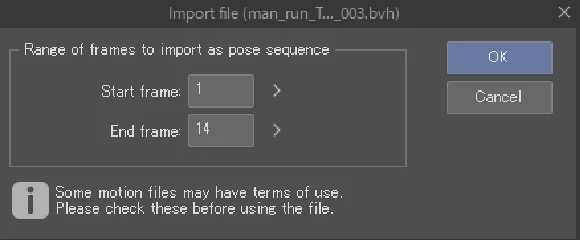 Hộp thoại Import file cho BVH, đặt Start frame và End frame của chuỗi pose