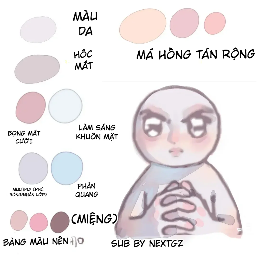 Bảng màu da anime mềm với màu nền da, hốc mắt, bọng mắt cười, vùng làm sáng khuôn mặt, lớp Multiply, phản quang, màu môi và bảng màu nền.