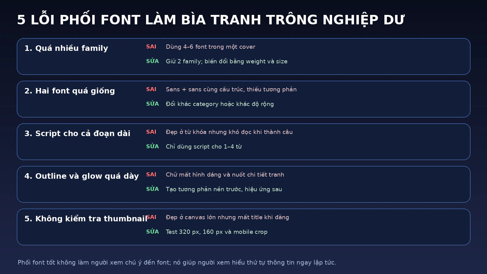 Năm lỗi phối font làm bìa tranh thiếu chuyên nghiệp và cách sửa từng lỗi.