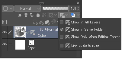 Tùy chọn Show in All Layers Show in Same Folder và Link Guide to Ruler trong Layer palette của CLIP STUDIO PAINT