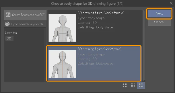Hộp thoại Choose body shape for 3D drawing figure để chọn dáng người nam