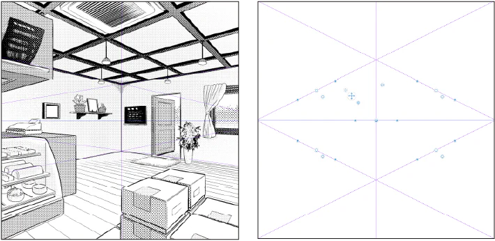 Ví dụ phối cảnh hai điểm tụ trong CLIP STUDIO PAINT với các guide hội tụ cho không gian nội thất