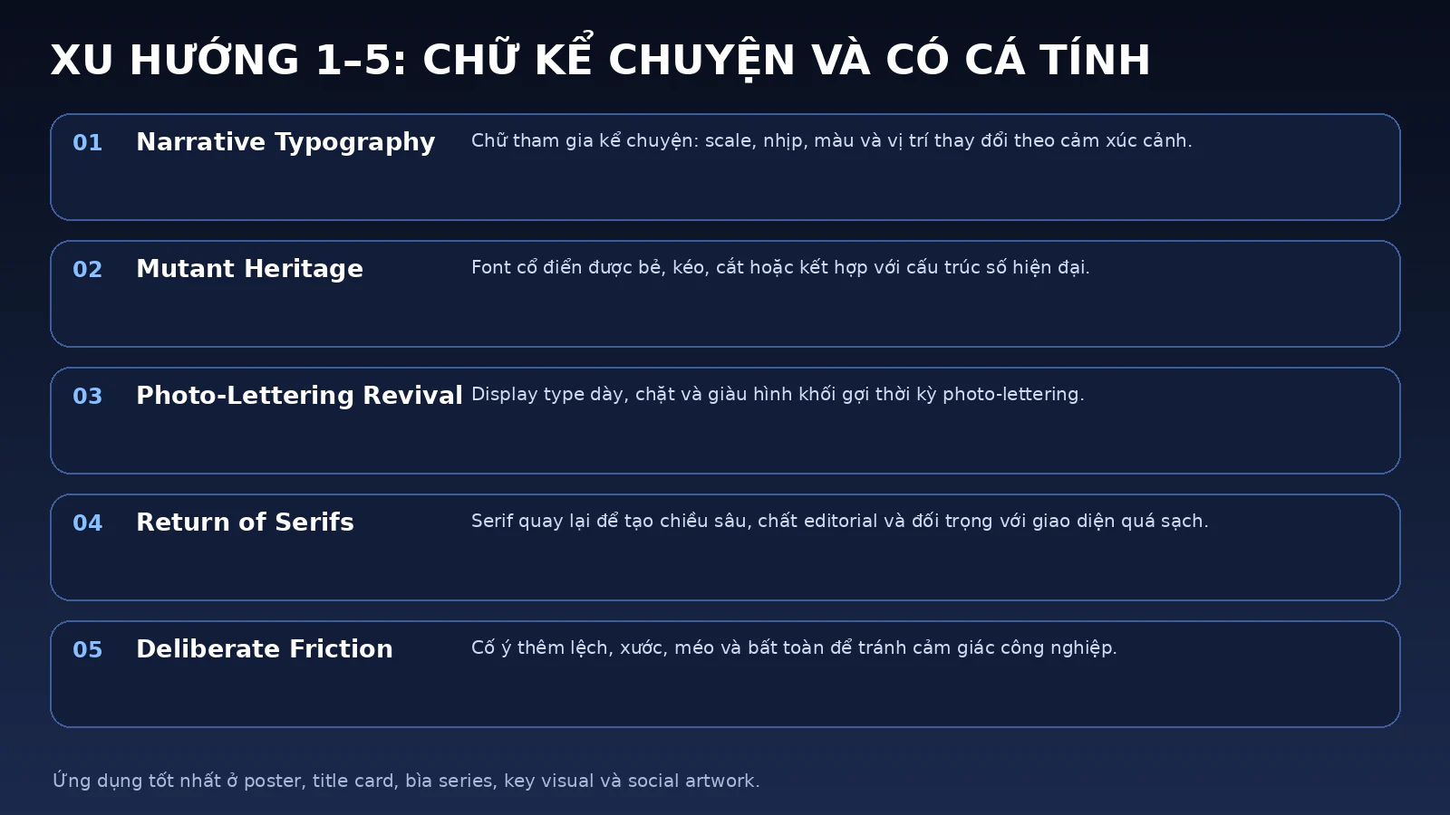 Năm xu hướng typography đầu năm 2026 gồm narrative typography, mutant heritage, photo-lettering revival, serif trở lại và deliberate friction.