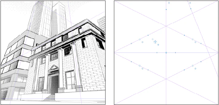 Ví dụ phối cảnh ba điểm tụ trong CLIP STUDIO PAINT cho góc nhìn tòa nhà từ dưới lên