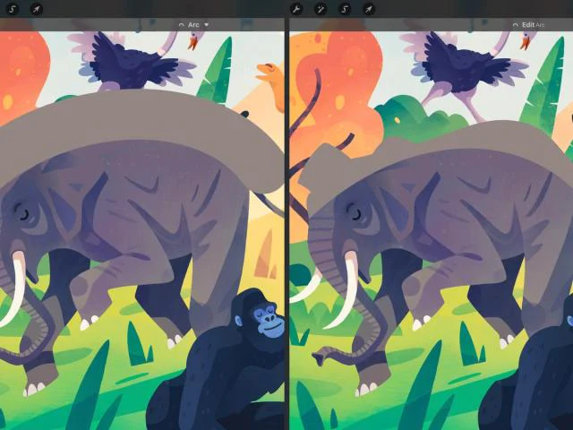 So sánh cung cong trước và sau khi chỉnh bằng Edit Arc trong Procreate QuickShape