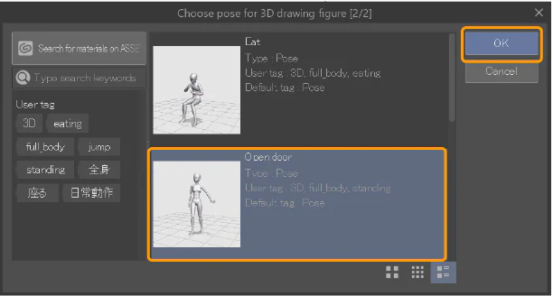 Hộp thoại Choose pose for 3D drawing figure để chọn pose toàn thân