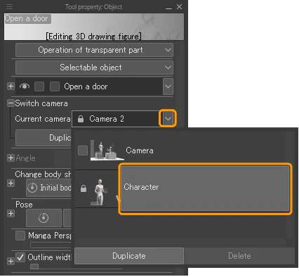 Tool Property Object chuyển Current camera từ camera nhân vật sang Camera 2