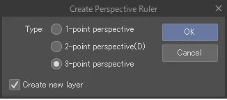 Hộp thoại Create Perspective Ruler trong CLIP STUDIO PAINT với lựa chọn một hai và ba điểm tụ