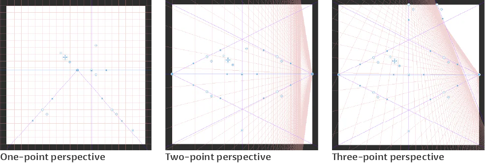 CLIP STUDIO PAINT diagram comparing one, two, and three-point perspective