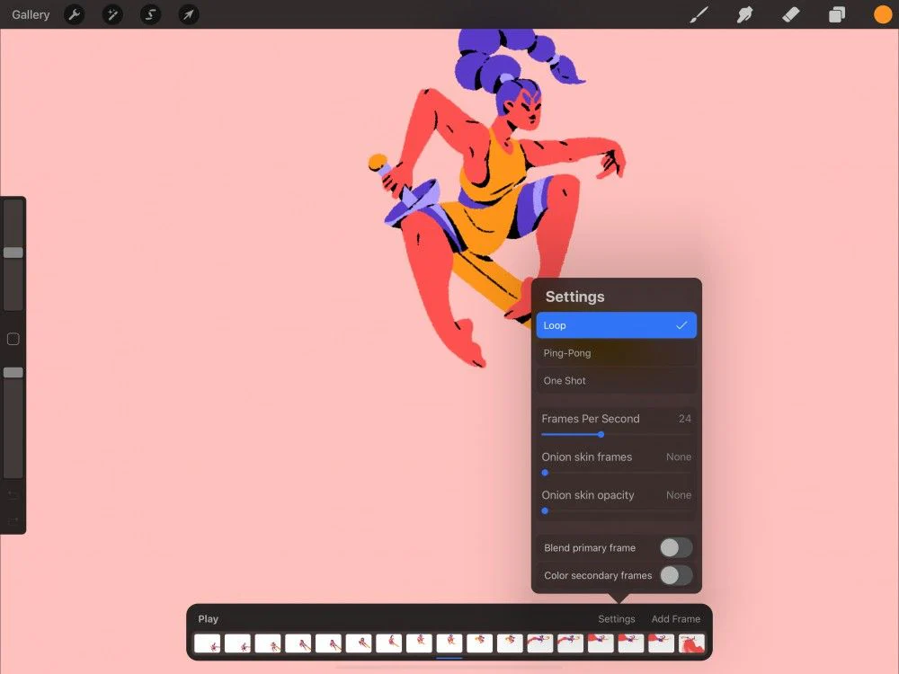 Animation Assist hiển thị nhiều bóng khung hình Onion Skin quanh nhân vật trong Procreate