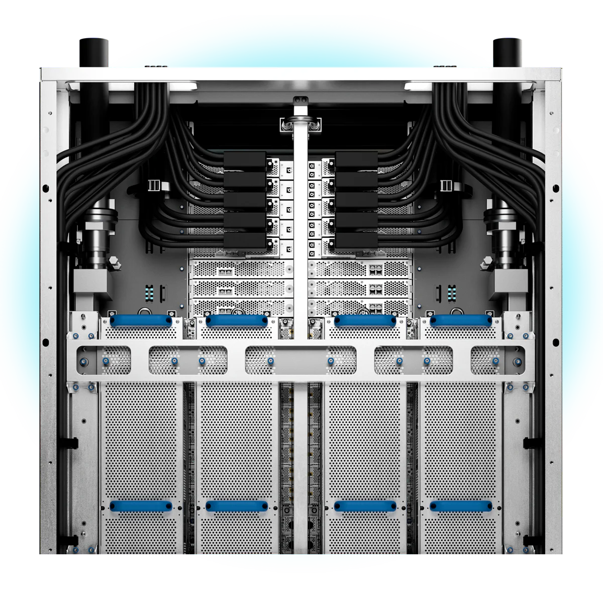 Mặt sau hệ thống AMD Helios với kết nối và làm mát rack-scale