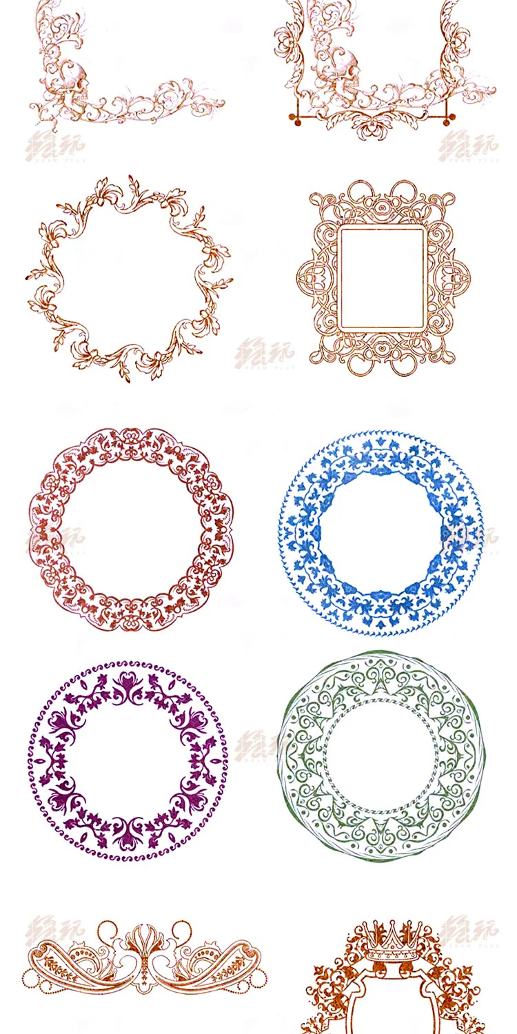 Các mẫu khung hoa lá, khung tròn và họa tiết đối xứng Rococo
