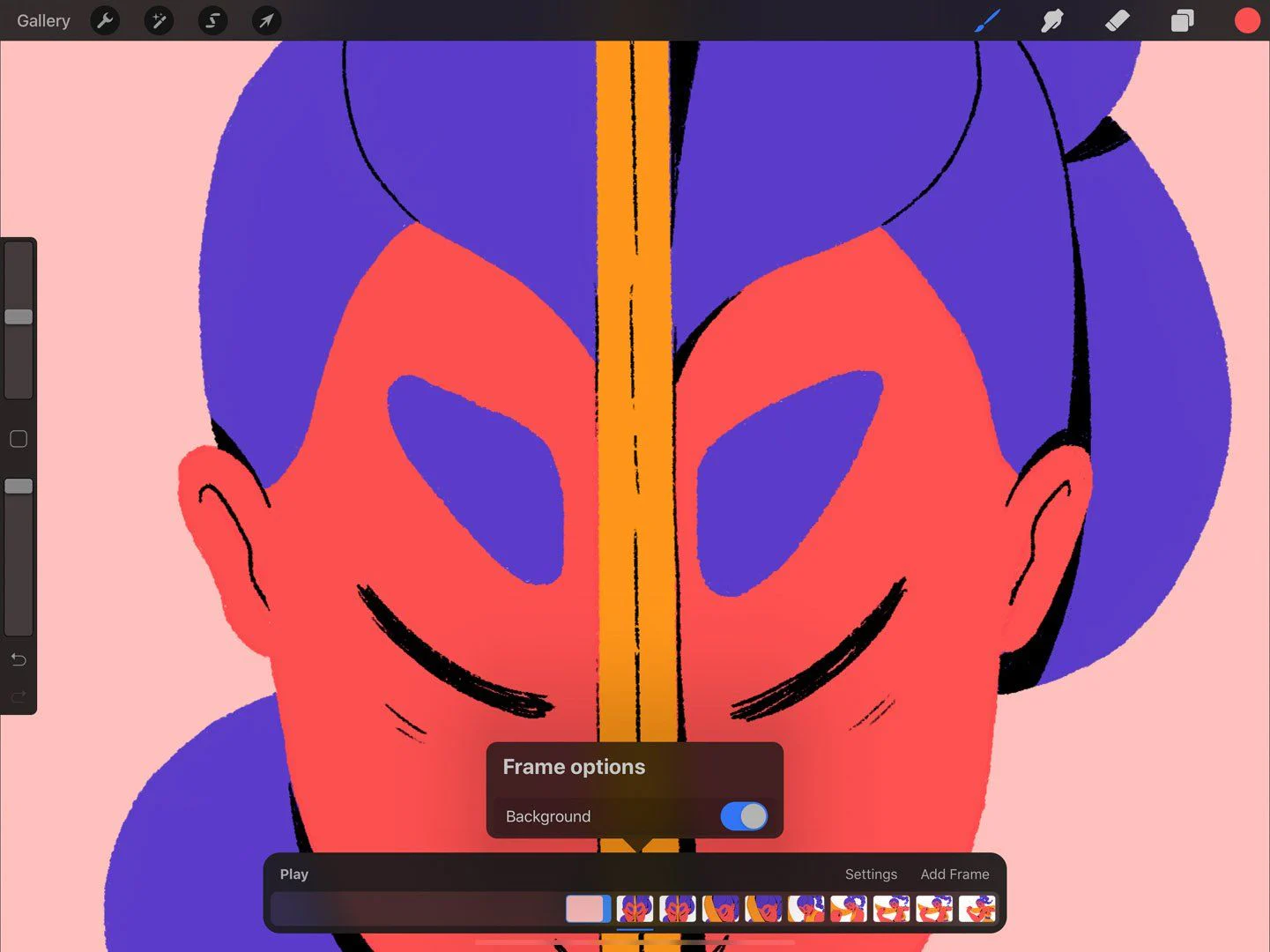 Tùy chọn Background được bật cho khung hình ngoài cùng bên trái trong Procreate