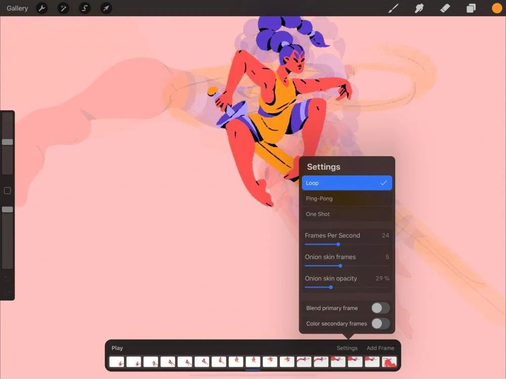 Bảng Settings của Animation Assist với Loop, Frames Per Second và Onion Skin trong Procreate