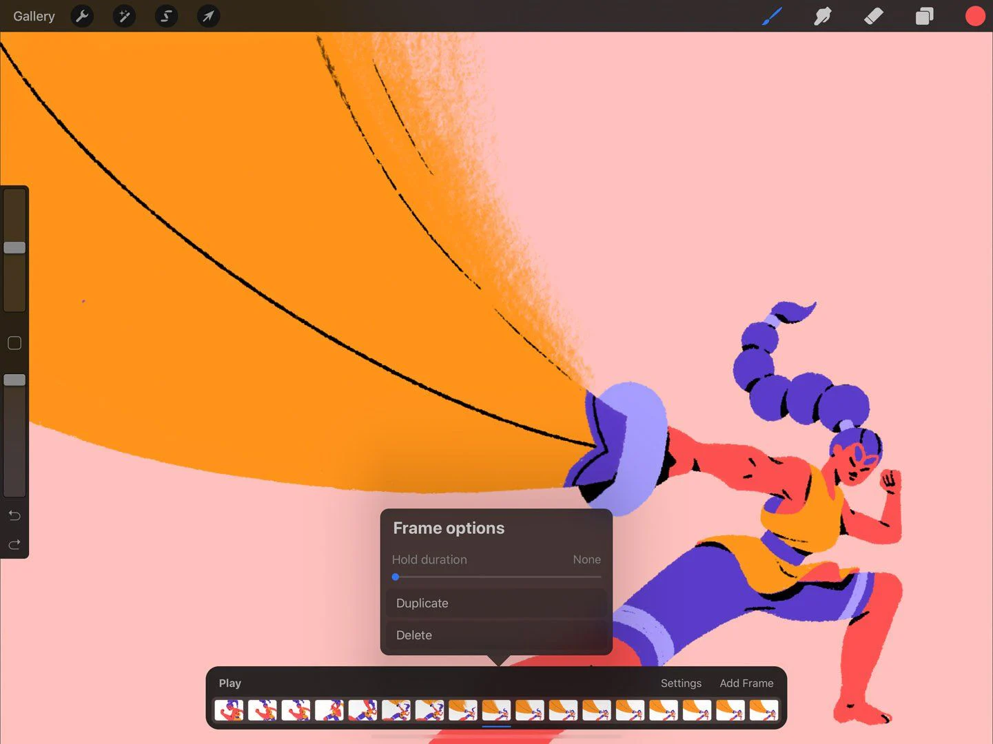 Menu Frame Options trên timeline Procreate với Hold duration, Duplicate và Delete