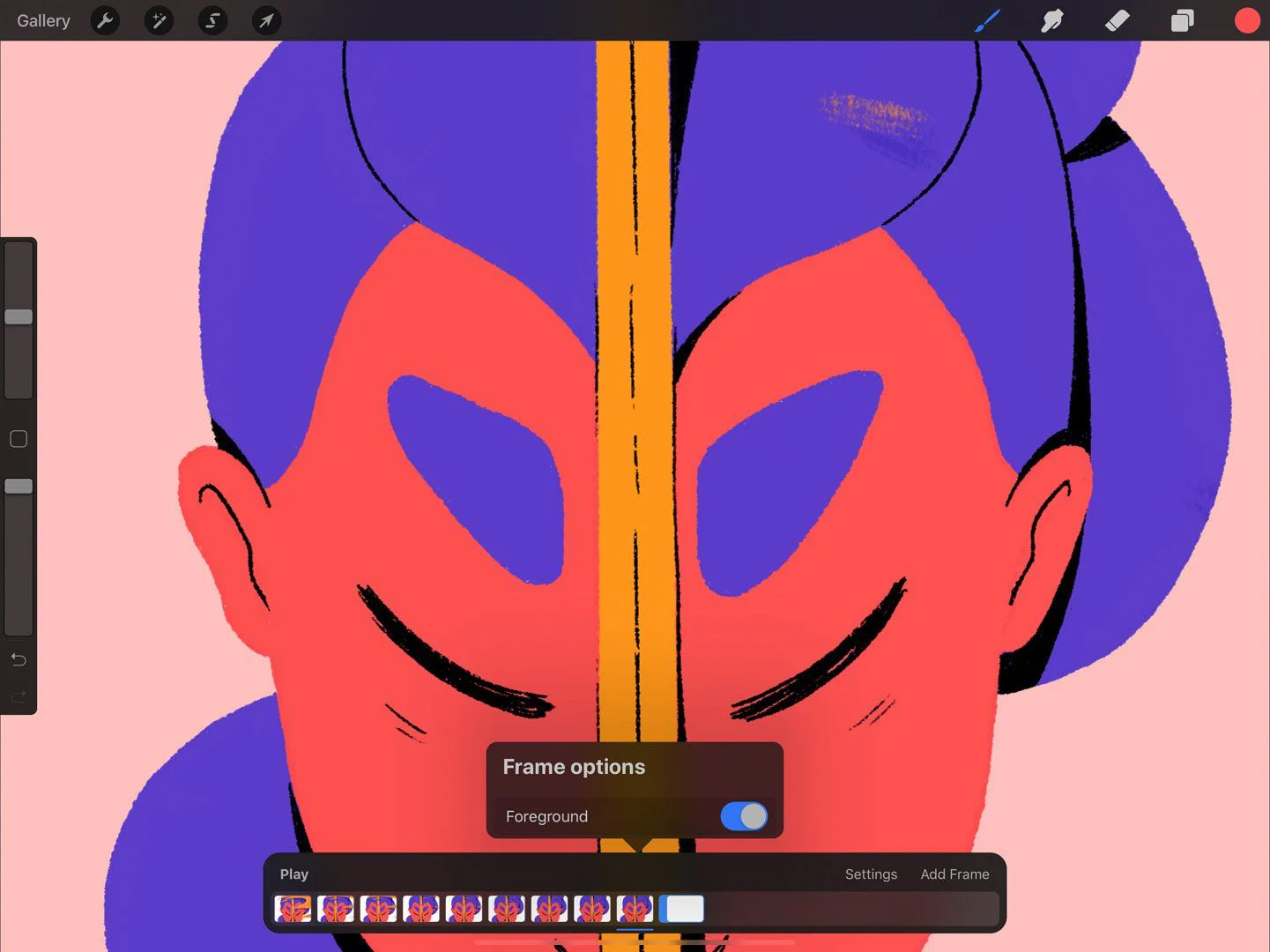 Tùy chọn Foreground được bật cho khung hình ngoài cùng bên phải trong Procreate