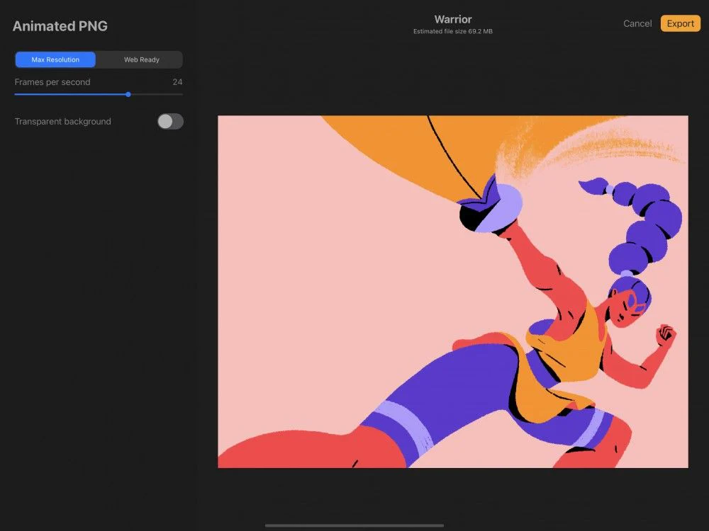 Màn hình xuất Animated PNG trong Procreate với tùy chọn độ phân giải và tốc độ khung hình