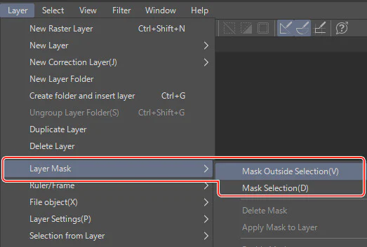 CLIP STUDIO PAINT Layer Mask: Ẩn–Hiện Và Sửa Tranh Không Phá Hủy 3 Menu Layer Mask với lệnh Mask Outside Selection và Mask Selection