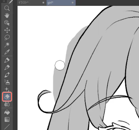 Giao diện CLIP STUDIO PAINT dùng Eraser trên mặt nạ để xóa một phần screentone ở tóc