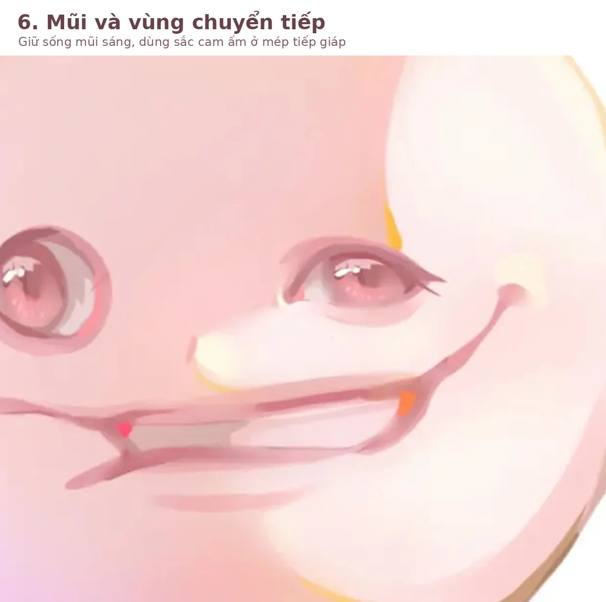 Chi tiết sống mũi sáng và vùng chuyển tiếp hồng cam trên khuôn mặt anime