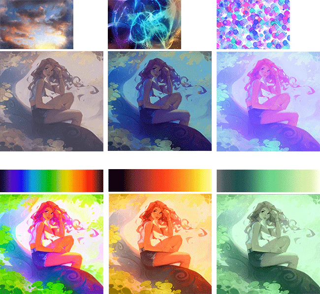 Ba ảnh tham chiếu, ba gradient và sáu kết quả phối màu tương ứng bằng Color Match