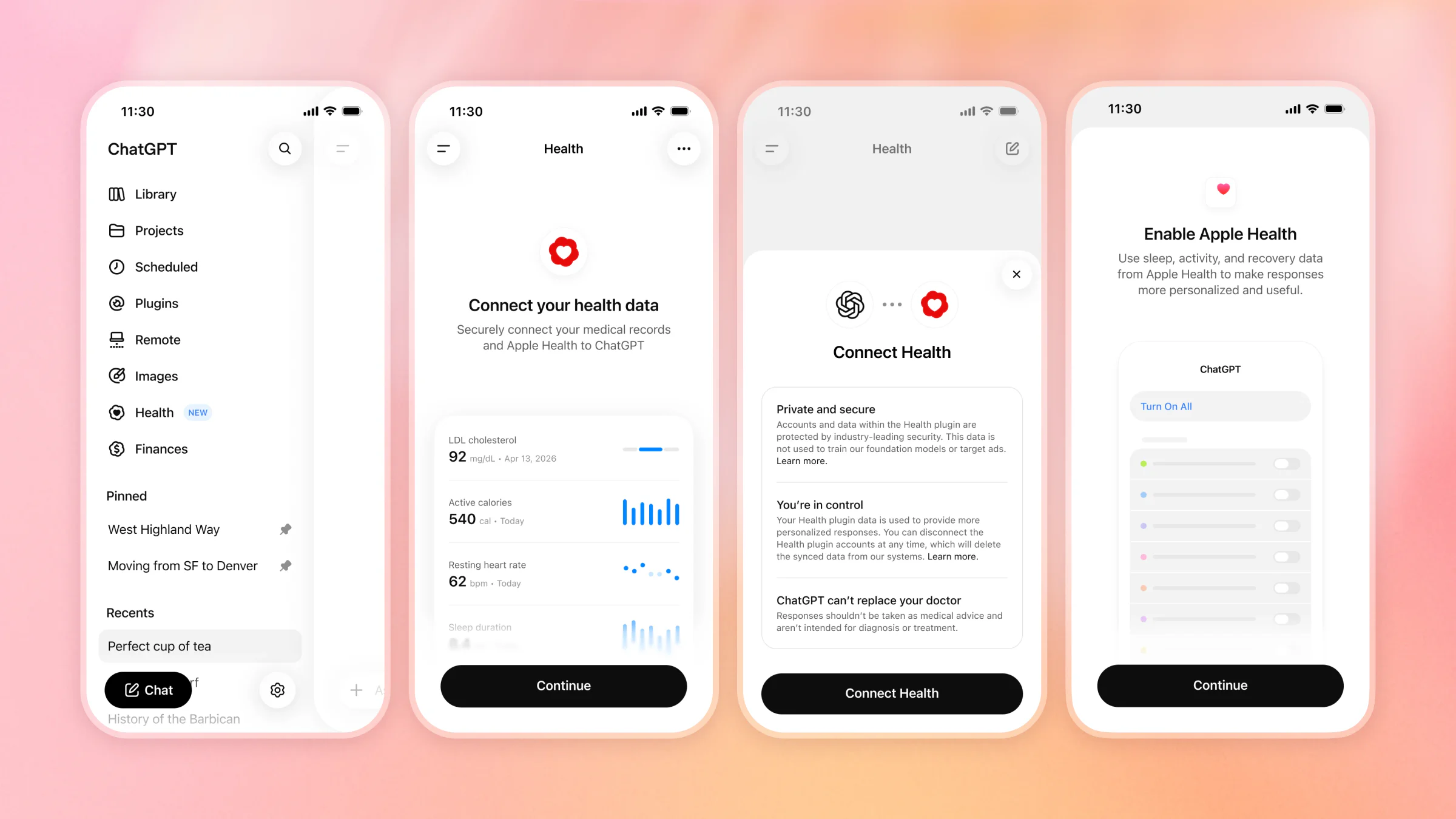 Bốn màn hình thiết lập ChatGPT Health và kết nối Apple Health