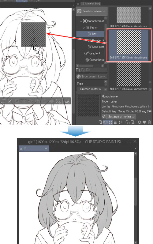 CLIP STUDIO PAINT kéo mẫu tone chấm từ Material palette vào vùng đã chọn trên lineart manga